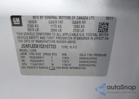 2012 Chevrolet Equinox 1Lt z USA, uszkodzony, nr VIN 2GNFLEEK1C6167723